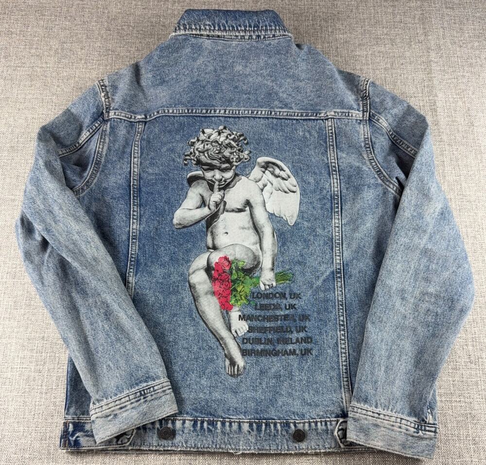 H&M Young Thug Denim Jacket Mens Small Acid Wash Cherub Angel Graphic Blue